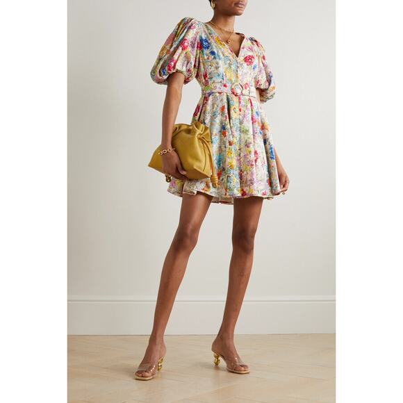 Zimmermann Clover Belted Linen Floral Fit & Flare Puff Sleeve Dress Size 1 US 4 - Picture 2 of 7